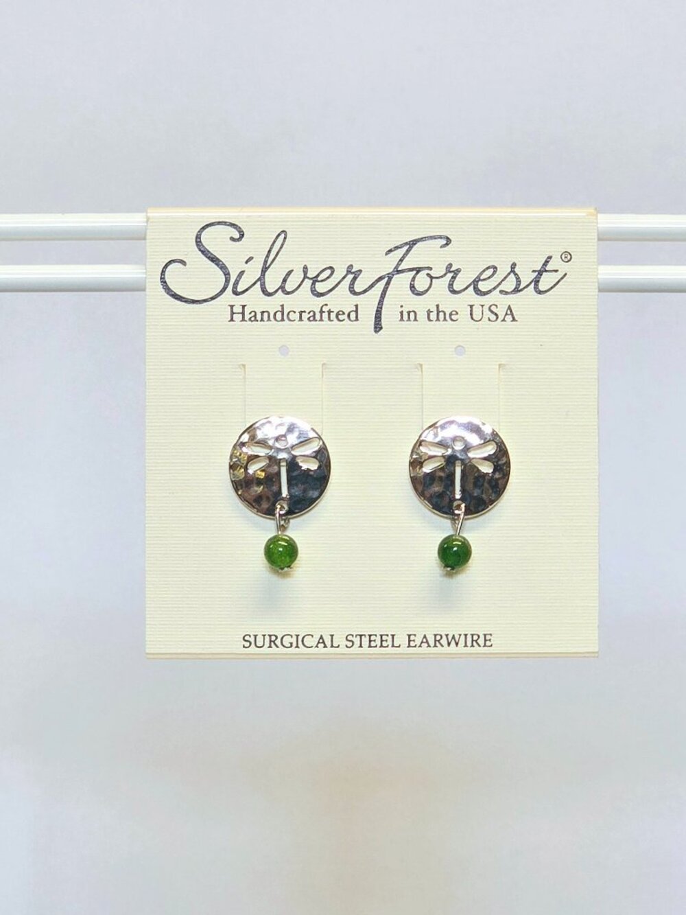 Silver Forest Earrings Dragonfly Stamped Silver Coin with Green Bead